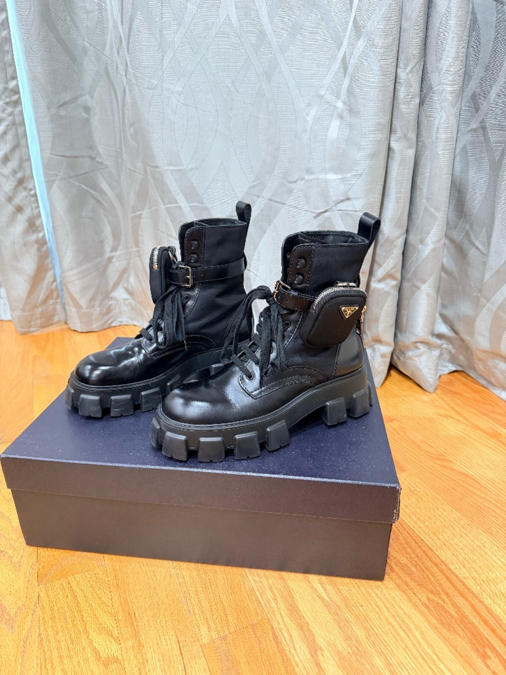 Prada Spazzolato Rois Re-Nylon Metal Triangle Logo Monolith Pouch Pocket Boots
